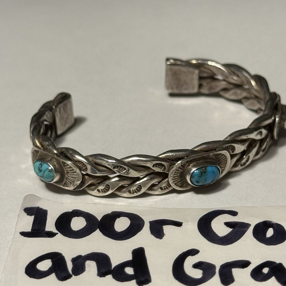 Vintage Navajo Sterling Silver Turquoise Rope Cuff Bracelet Handmade 49.4g